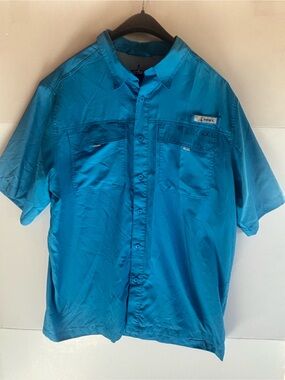 HABIT Men's L Blue Solid Woven Short Sleeve Point Collar Button-Up Shirt
